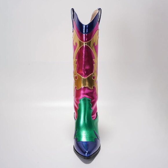 Women's Multicolor Metallic Mid Calf Western Pointed Toe Comfortable Heel Boots - Picture 5 of 6